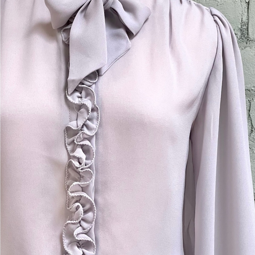 Vintage Sheer Gray Long Sleeve Ruffle Blouse with Bow Tie Collar - Picture 5 of 8